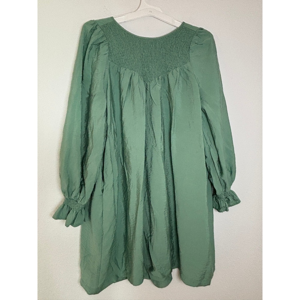 A New Day Sage Green Smocked Mini Dress Long Sleeve Shift Boho Small